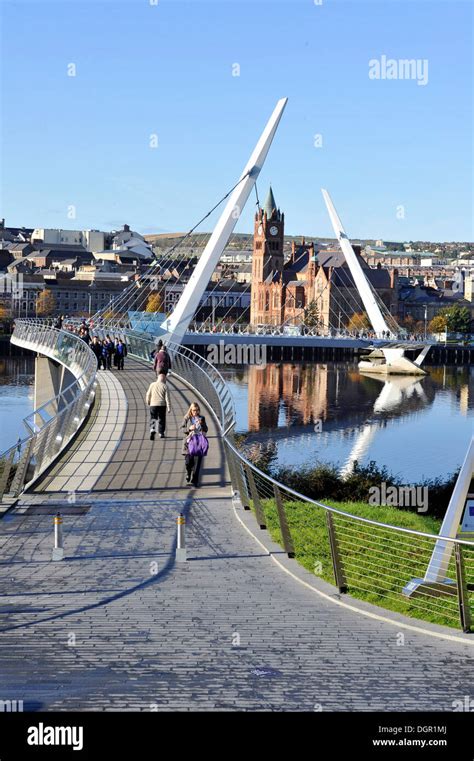 The Peace Bridge is a cycle and foot bridge across the River Foyle, connecting the city side ...