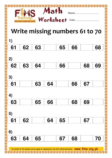 Write Missing Numbers 61 To 70 Free Printable Worksheets Download Pdf