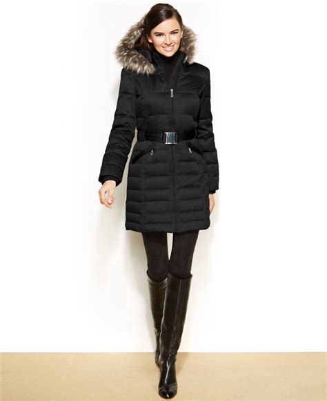 Dkny Hooded Faux Fur Trim Belted Down Puffer Coat Coats Women