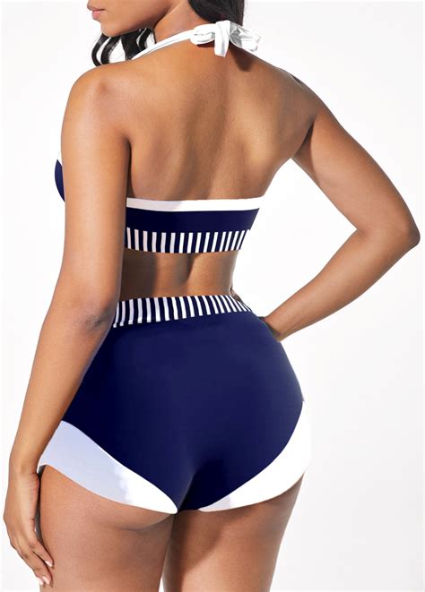 Nautical High Waisted Stripe Print Navy Blue Bikini Set Rosewe