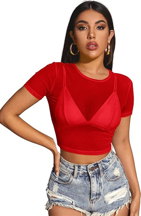 Didk Damen Netzstoff Shirt Oberteil Glitzer Top Langarm Tops T Shirts