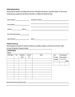 Fillable Online Rodent Anesthesia Record Template Fax Email Print