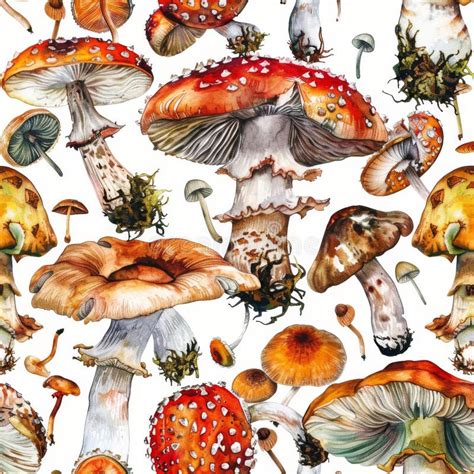 Watercolor Mushrooms Seamless Pattern Autumn Mushroom Painting