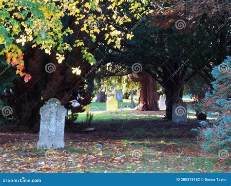 Gravestones On A Sunny Autumn Morning In An English Cemetery Stock