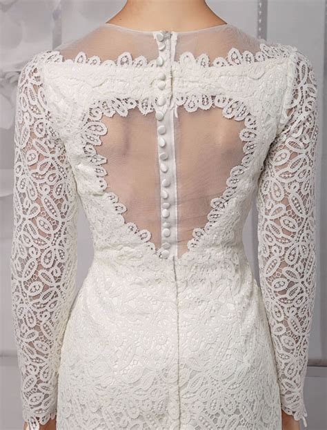 Simple Wedding Dresses 2021 Short Long Sleeve Illusion Neckline Koyhole