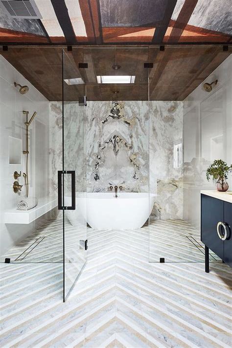 Pink And Gray Bookmatched Marble Contemporary Bathroom