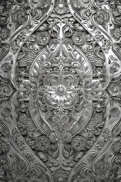 Premium AI Image | A silver metal wallpaper with a flower and leaves.