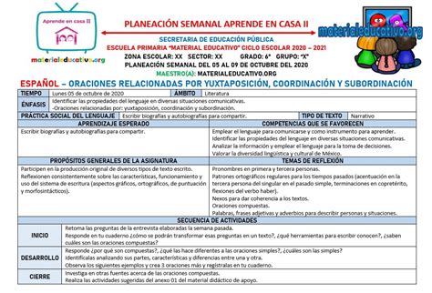 Planeaci N Del Sexto Grado Con Actividades De Acuerdo A Los