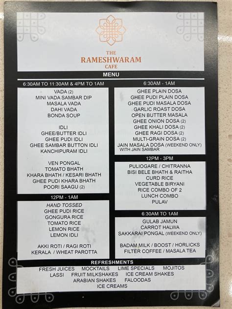 Menu at The Rameshwaram Cafe @ Brookfield, Bengaluru