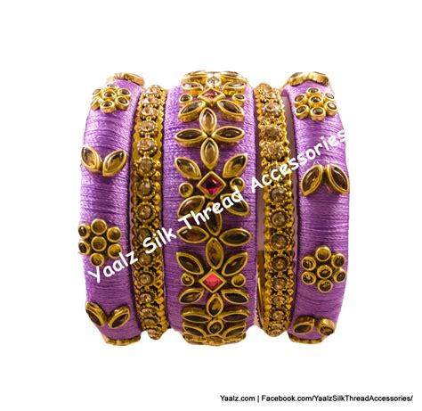 Yaalz Silk Thread Antique Kundan Stone Bangle Set In Green Blue Wine