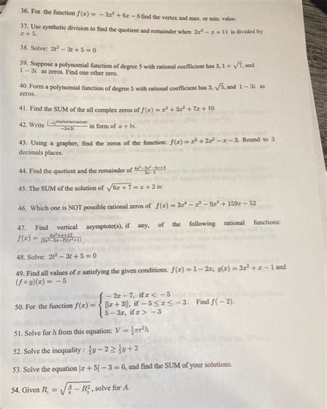 Solved 36 For The Function Fx−2x26x−8 Find The Vertex