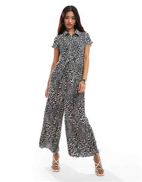 Asos Design Short Sleeve Plisse Wide Leg Jumpsuit In Blue Animal Asos