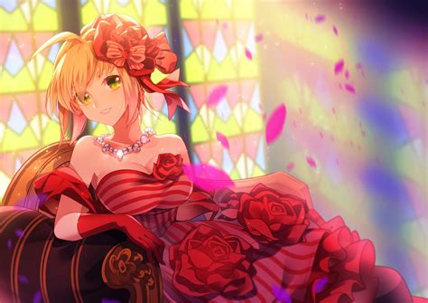 Blonde Hair Blush Breasts Cleavage Couch Dress Elbow Gloves Fategrand Order Fate Series