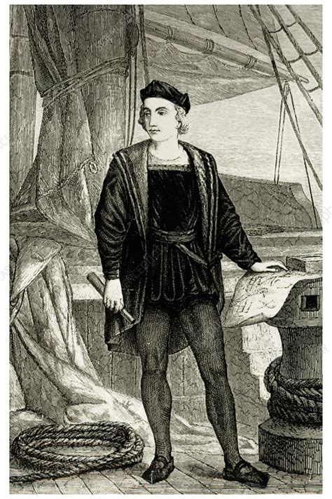 Engraving of Christopher Columbus aboard a ship - Stock Image - H403 ...