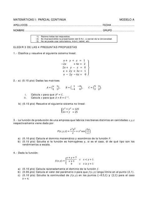 Parcial Continua 19 20 MATEMÁTI CAS I PARCI AL CONTI NUA MODELO A