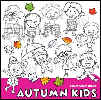 Autumn Kids 1 - Clipart in BLACK & WHITE/ full color. {Lilly Silly Billy}