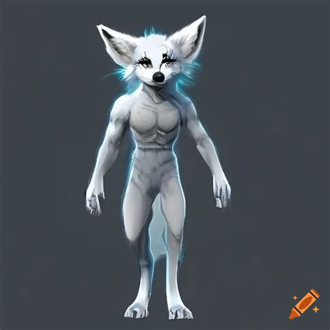 Anthropomorphic White Wolf With Fennec Fox Ears And Blue Eyes Standing