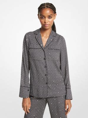 Embellished Logo Satin Pajama Shirt Michael Kors