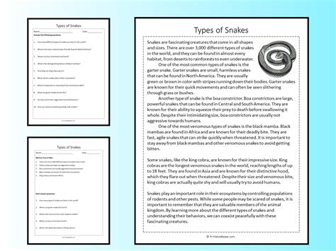 Types Of Snakes Reading Comprehension Passage Printable Worksheet