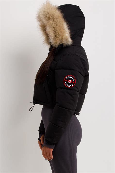 Womens Black Puffer Jacket Fur Hood Cropped Canada Goose Inspired