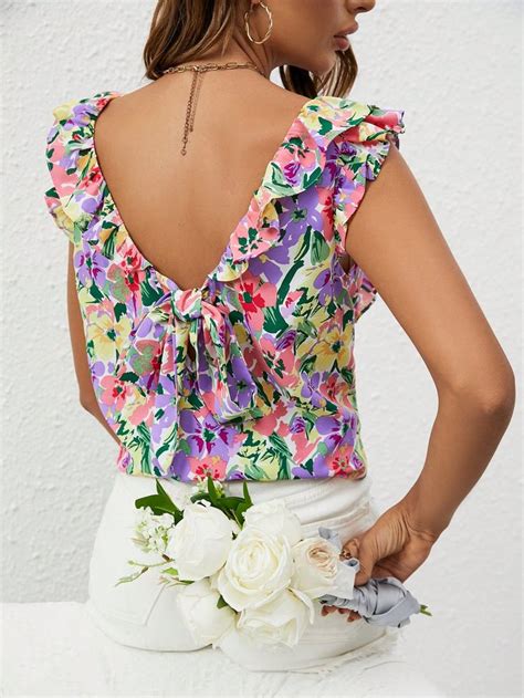 Impressão Floral Acabamento De Babados Gola Quadrada Blusa Women