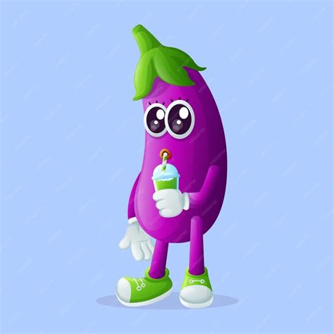 Premium Vector Cute Eggplant Character Drinking A Green Smoothie With