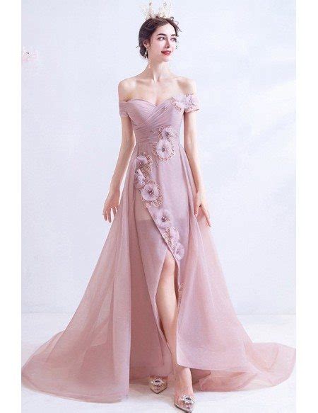 Nude Pink Off Shoulder High Low Party Dress With Beaded Flowers Wholesale T76007