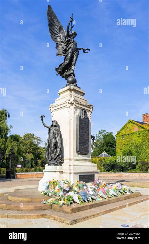 Colchester War Memorial Outside The Gates To Colchester Castle Park With Flowers After The Death