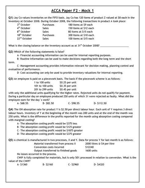 ACCA Paper F2 MOCK 1 Practical Mock Questions Which Is Good For