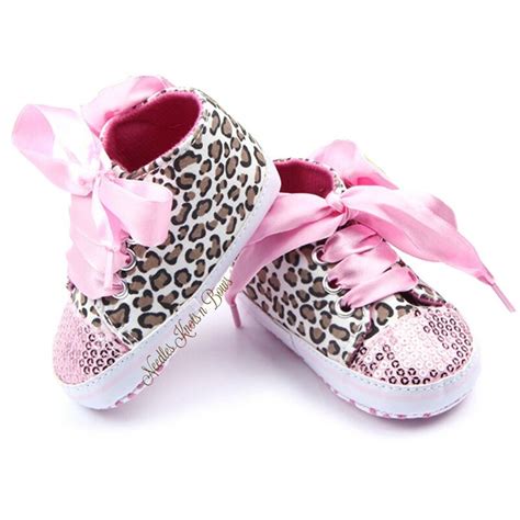 Girls Pink Leopard Print Shoes With Silk Shoe Laces And Sequined Toe