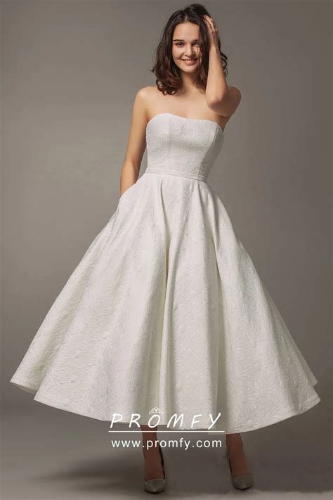 Simple Strapless Tea Length Puffy Wedding Dress With Pockets Promfy