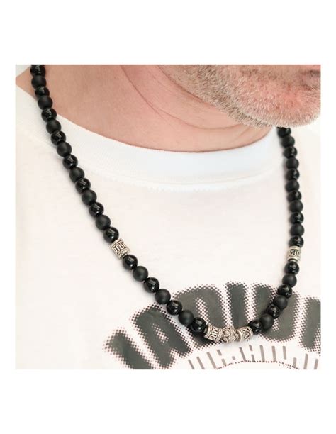 Collier Onyx Noir Mat Et Brillant Et Perles Argent Pour Homme