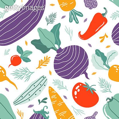 Hand Drawn Colorful Doodle Vegetables In Organic Style Seamless Pattern