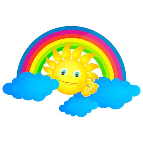 Sol Alegre Sobre La Nube Y Arco Iris Colorido Vector Premium