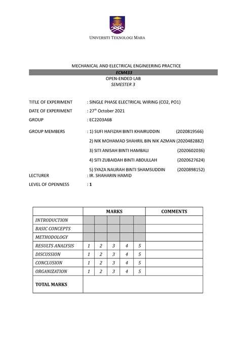 Single Phase Wiring (lab 2) - MECHANICAL AND ELECTRICAL ENGINEERING
