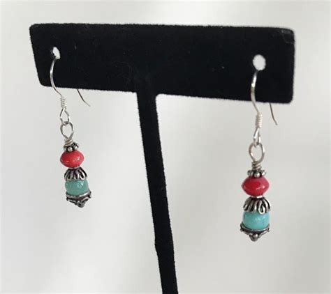 Stylish Southwest Style Red Coral And Amazonite Drop Earrings Silver