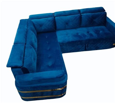 5 Seater Velvet Navy Blue L Shape Wooden Sofa Set Without Lounger At