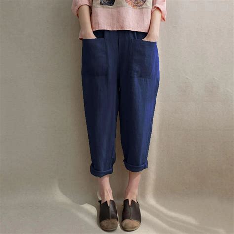 Women Baggy Harem Pants Retro Cotton Linen Solid Loose Pants Plus Size