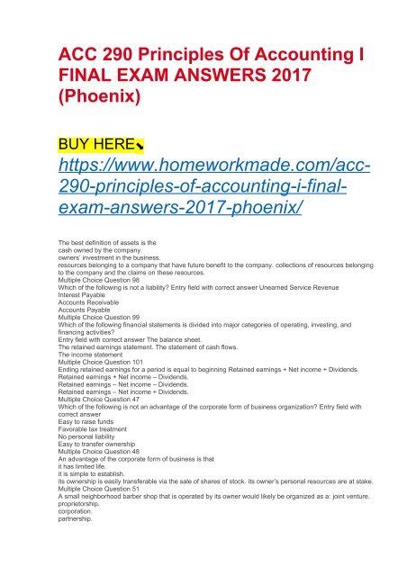 ACC 290 Principles Of Accounting I FINAL EXAM ANSWERS 2017 Phoenix