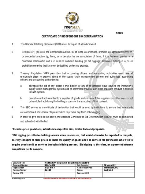 Fin Fm 028 Merseta Standard Bidding Form Sbd9 Pdf Business Government Information