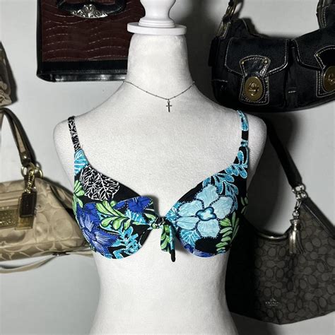 Blue And Green Floral Bikini Top With Adjustable Tie Depop