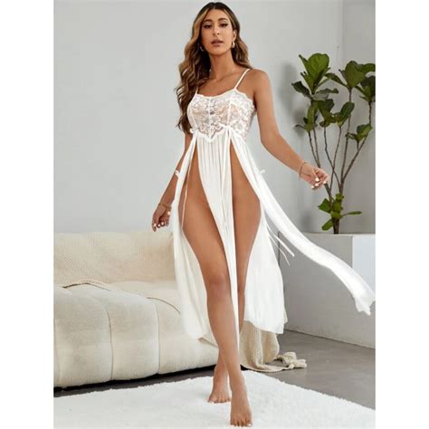 Women Lingerie Nightwear Lace Babydoll V Neck Trim Mesh Split Thigh