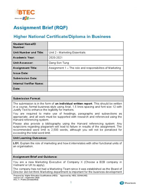 Assignment Brief Rqf Higher National Certificatediploma In