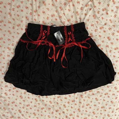 Black Skirt With Red Lace And Ribbon From Hot Depop