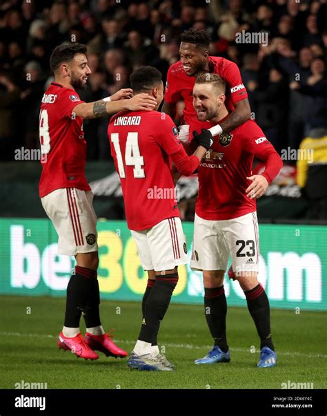 Manchester United's Luke Shaw (23) celebrates scoring his side's first ...