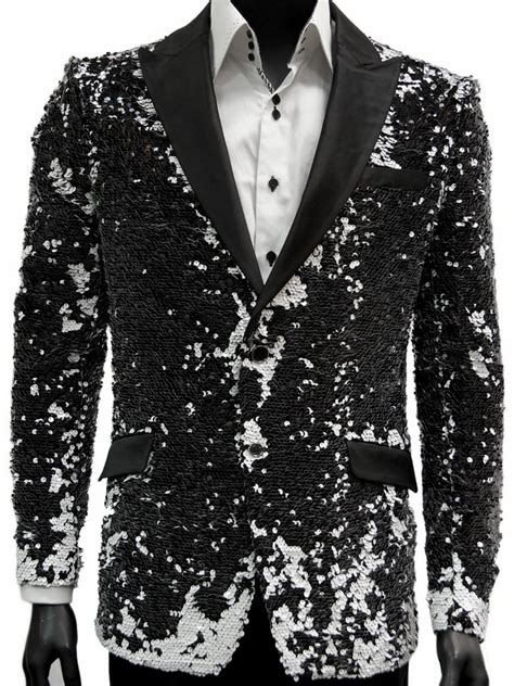 Men Black White Sequin Shimmer Pattern Satin Lapel Trendy Fun Slim Fit