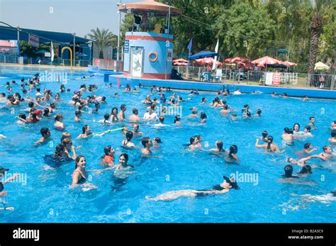 Israel Sfaim Water Park Summer Fun In A Crowded Swimming Pool Stock