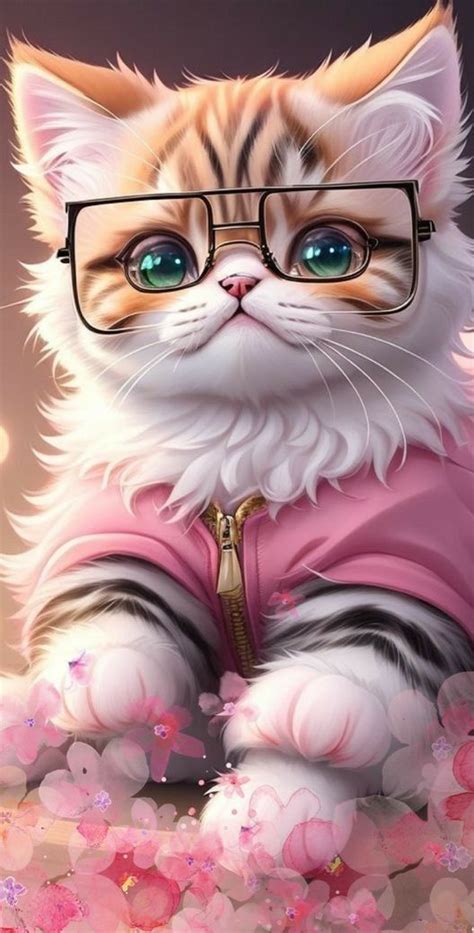 a cat wearing glasses sitting on top of pink flowers