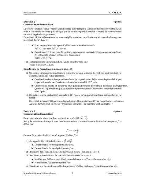 Annale Maths Bac S Nouvelle calédonie novembre 2016 Sujet AlloSchool