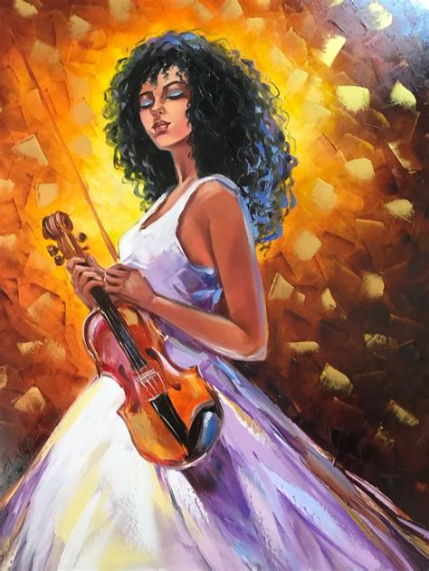 Black Woman Oil Painting Original African American Art Lady With Violin